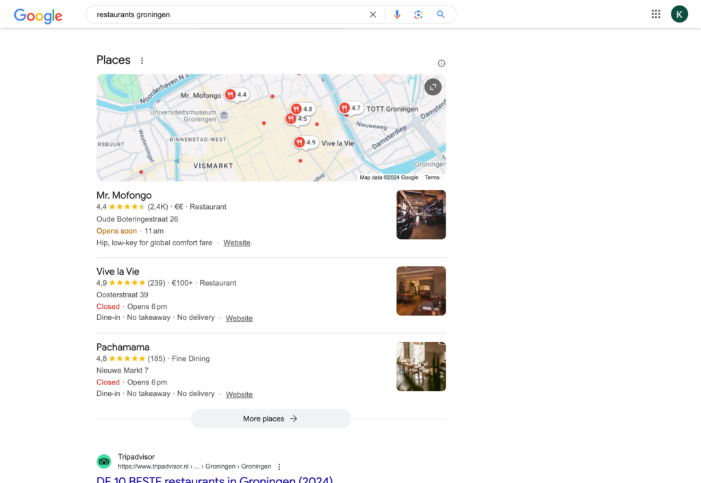 Zoekresultaten in Google voor "Restaurants Groiningen"